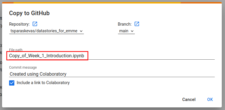 Στο πεδίο File path εμφανίζεται αυτόματα το όνομα του notebook