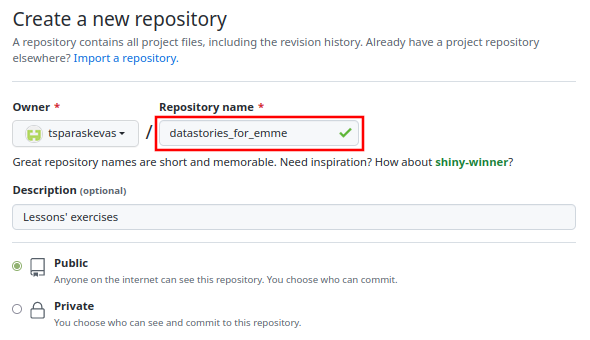 Ορίστε το όνομα του repository και πατήστε Create repository στο τέλος της σελίδας